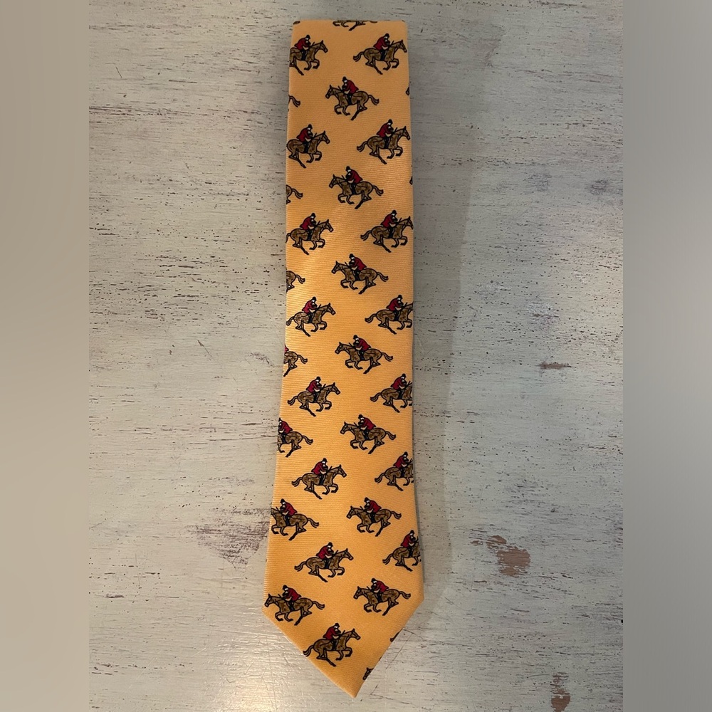 Polo Ralph Lauren Hand Made in USA Vintage Equestrian Print Wool Tie in Yellow